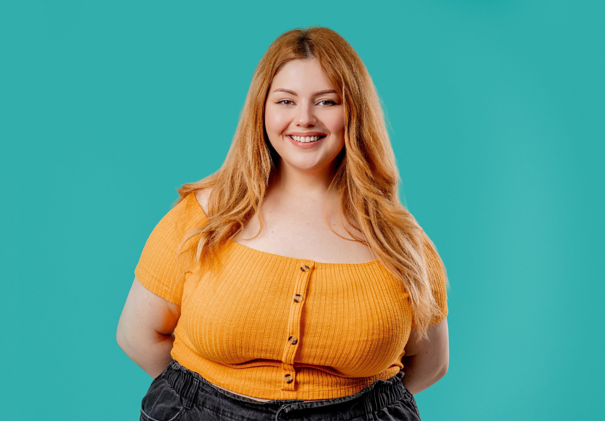 Charming,Plus,Size,Woman,,Natural,Authentic,Beauty,On,Blue.,Overweight